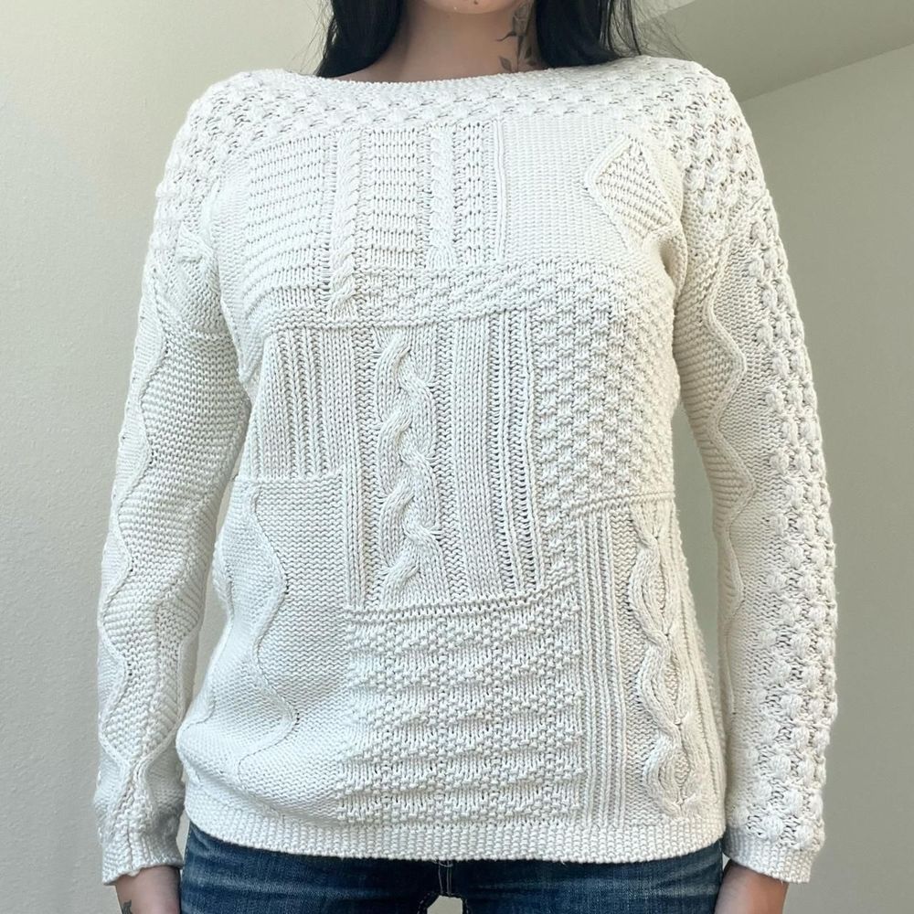 cream white Talbots cable knit long sleeve sweater - Picture 2 of 3